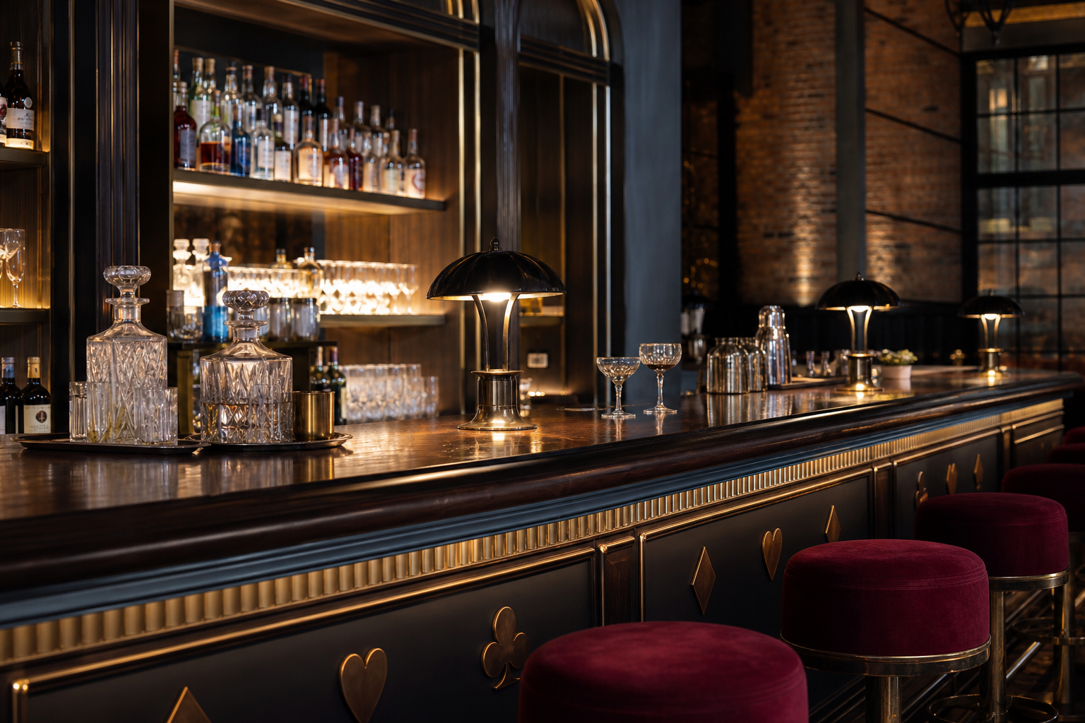Bar art déco avec velours bordeaux et détails en laiton