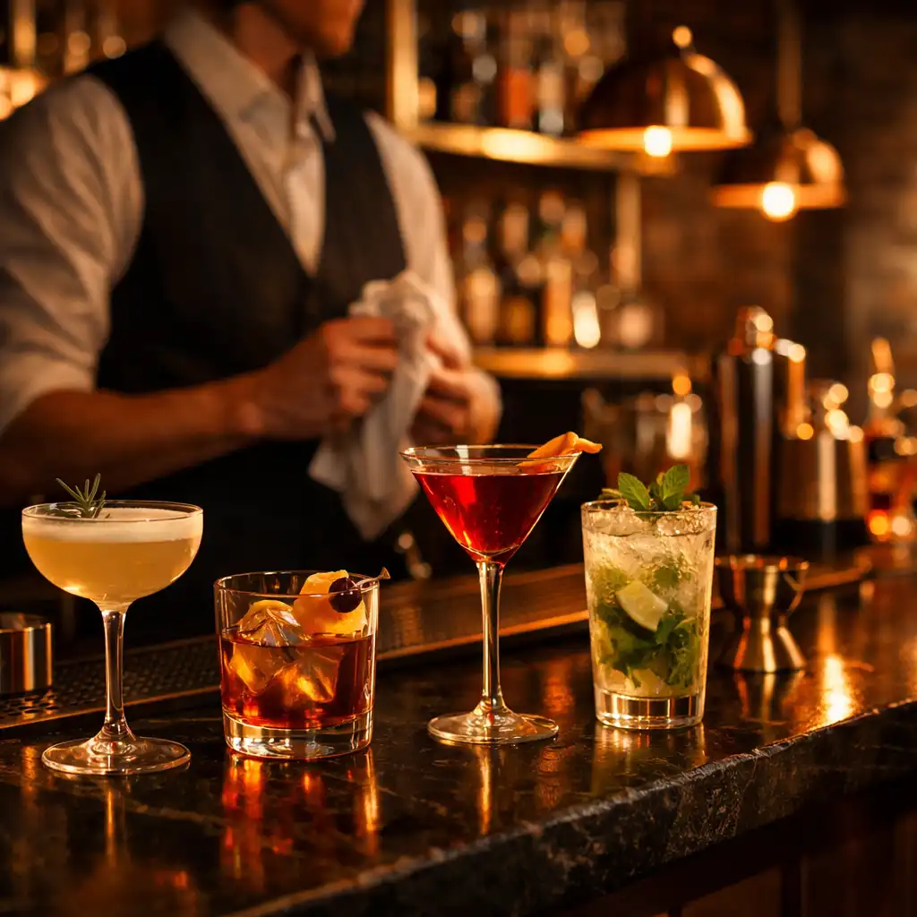 Bar avec cocktails élégants et détails en cuivre