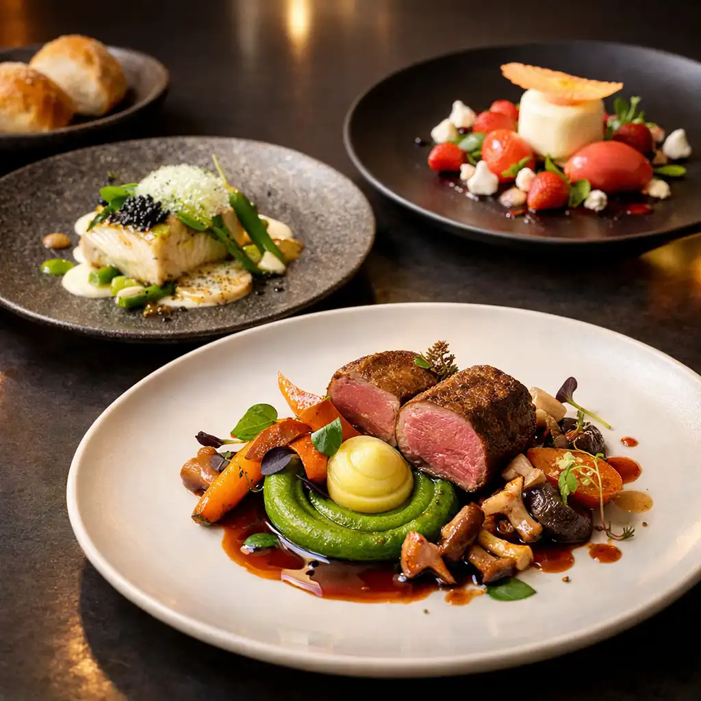 Assiette de cuisine française contemporaine dressée avec précision