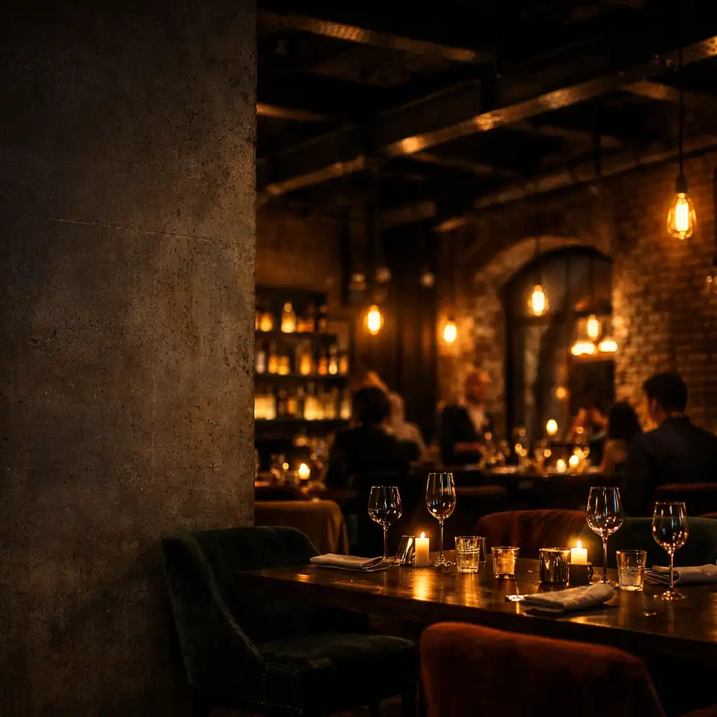 Loft industriel élégant avec lumière chaude et ambiance intime